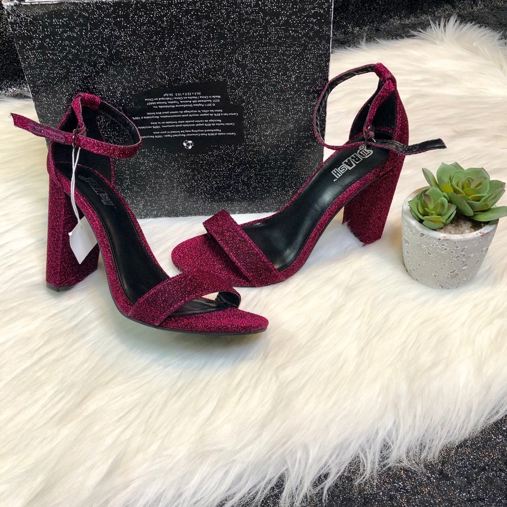Raspberry glitter open toe heels